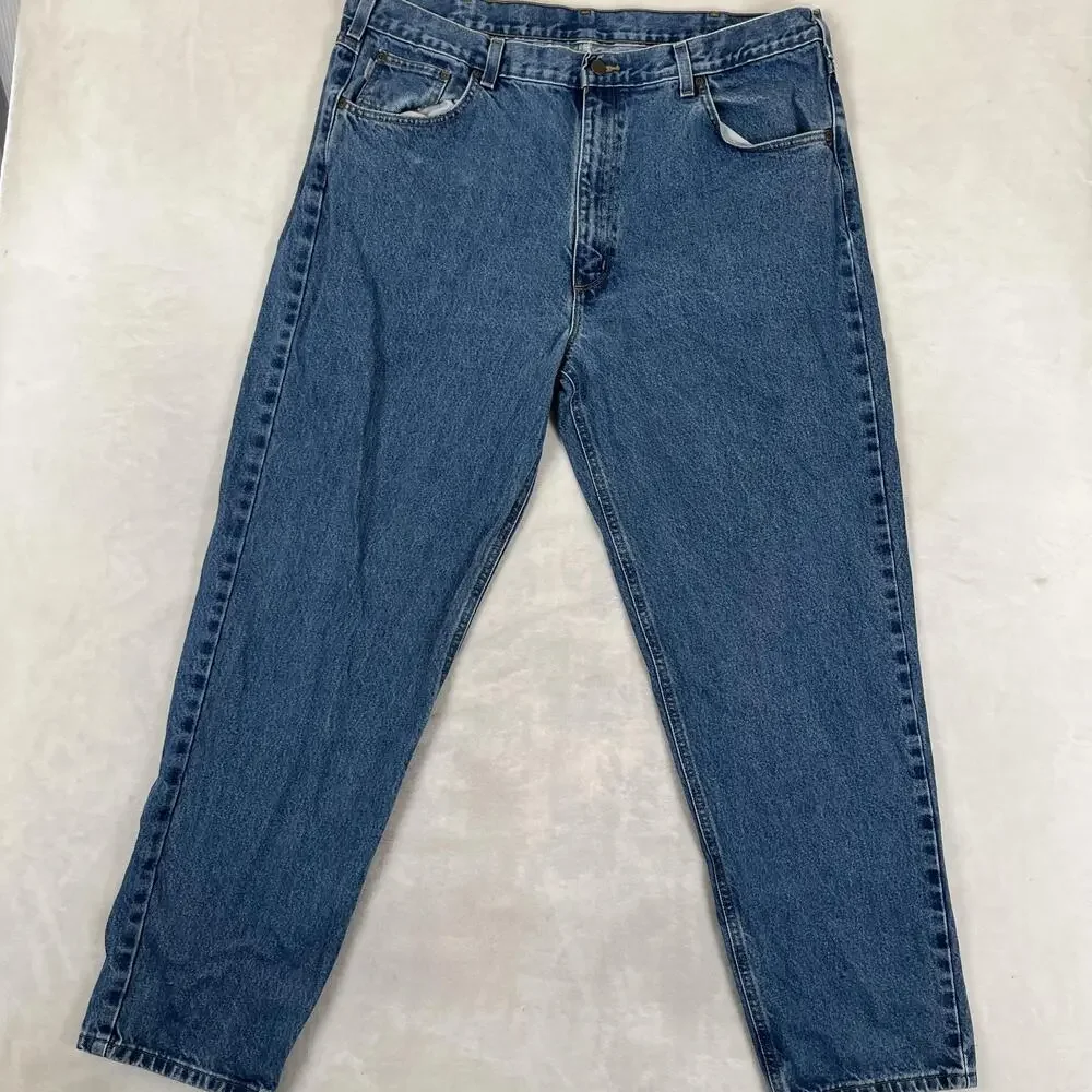 Carhartt Jeans Mens 42x32 Blue Relaxed Tapered Work Denim Medium Wash B17-DST